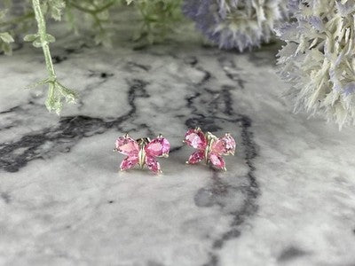 925 Sterling Silver Pink CZ "Butterfly" Stud Earrings Italy