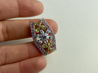 925 Sterling Silver Amethyst, Blue Spinel & Peridot Pendant