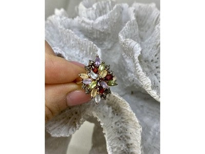 925 Sterling Silver Gold Plated Multi Gemstones "Flower" Ring Size 8