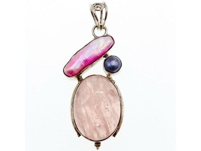925 Sterling Silver Morganite, Haliotis & Pearl Pendant
