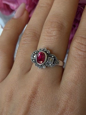 925 Sterling Silver Ruby & Marcasite Ring Size 8