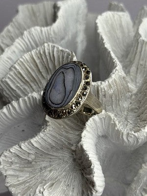 925 Sterling Silver Abalone & Marcasite Ring Size 9