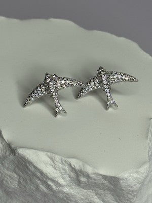 925 Sterling Silver Swallow Stud Earrings CZ Length 0.55 Inch