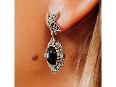 Vintage 925 Sterling Silver Onyx & Marcasites Earrings