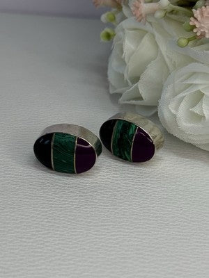 Vintage 925 Sterling Silver Onyx Malachite Agate Earrings Length 0.75 Inch
