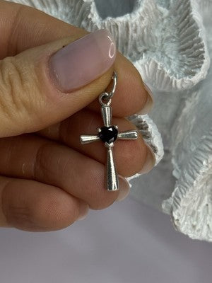 925 Sterling Silver Garnet Heart Cross Length 1.2 Inch