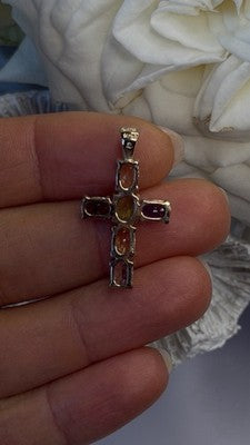 Multi Gemstone 925 Sterling Silver Gold Plated Cross Pendant