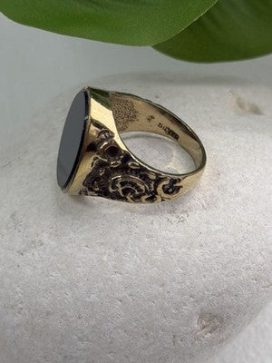 Men's 925 Sterling Silver Gold Plated Black Onyx Ring Size 9