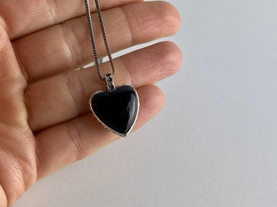 925 Sterling Silver Black Jade and Mother of Pearl "Heart" Chain with Pendant