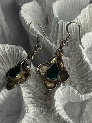 Vintage 925 Sterling Silver Malachite Earrings Length 1.70 Inch