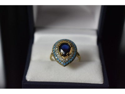 925 Sterling Silver Gold Plated Blue Alpanite, Turquoise & CZ Ring Size 8