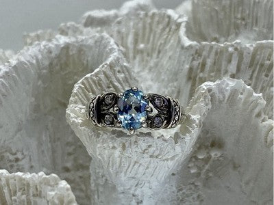 925 Sterling Silver Blue Spinel & CZ Ring Size 6.5