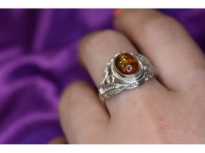 925 Sterling Silver Amber Ring Size 8.5