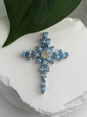 925 Sterling Silver Blue Topaz & Opal Pendant Cross