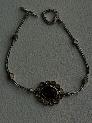 Antique Djoy 925 Sterling Silver Ruby & Beryl Flower Heart Bracelet 7