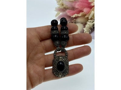 Vintage 925 Sterling Silver Black Jade and Marcasites Necklace