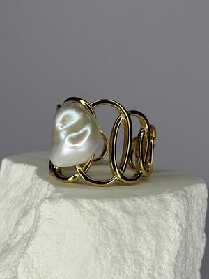 925 Sterling Silver Gold Plated Pearl  Ring Size Adjustable