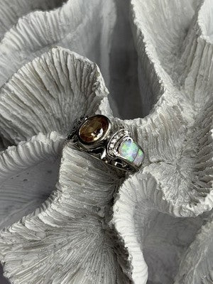 925 Sterling Silver Citrine & Opal & Beryl Ring Size 7