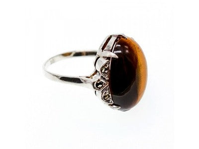 Vintage 925 Sterling Silver Tiger'S Eye & Marcasites Ring Size 6.5