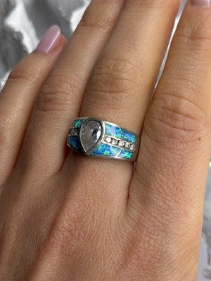 925 Sterling Silver Opal & Beryl Ring Size 8