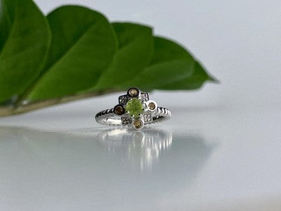 925 Sterling Silver Peridot, Citrine & White Sapphire Ring Size 7