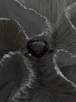 925 Sterling Silver White & Black Spinel Heart Ring Size 7.5