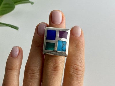 925 Sterling Silver Multicolor Agate Ring Size 5.5