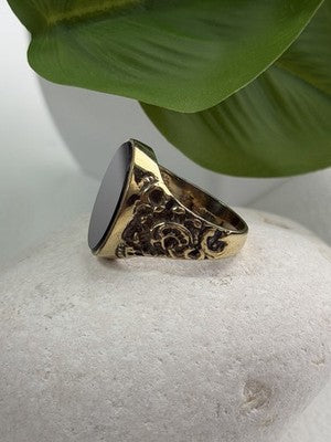 Men's 925 Sterling Silver Gold Plated Black Onyx Ring Size 9