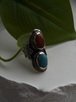 Vintage Boho 925 Sterling Silver Coral & Turquoise Ring Size 5