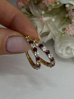 925 Sterling Silver Gold Plated Ruby & Beryl Earrings Length 1.10 Inch