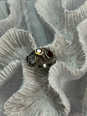 925 Sterling Silver Garnet, Citrine, Topaz, Amethyst & Marcasite Ring Size 5.5