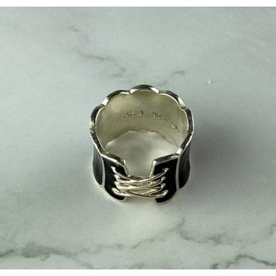 925 Sterling Silver Black Enamel "Corset" Ring Size 7