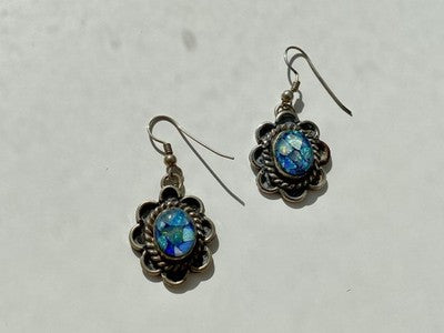 Vintage 925 Sterling Silver Mosaic Opal Earrings