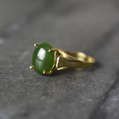 925 Sterling Silver Gold Plated Green Jade Ring Size 6.5