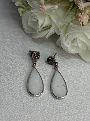Vintage 925 Sterling Silver Abalone & Marcasite Earrings Length 1.60 Inch