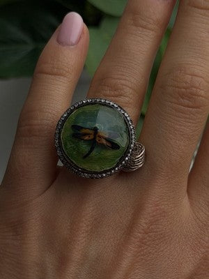 Vintage Nature Art 925 Sterling Silver Dragonfly Resin Ring Size 6.5