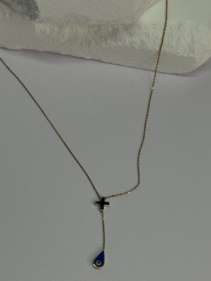14K YELLOW GOLD CROSS EVIL EYE NECKLACE LENGTH 15 INCH
