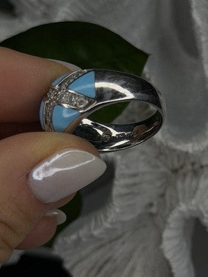 925 Sterling Silver Blue Turquoise & White Colorless Beryl Ring Size 9