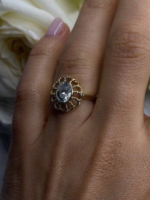 Floral Halo 925 Sterling Silver Gold Plated Clear Cz Ring Size 6.5