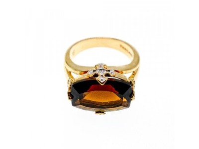 925 Sterling Silver Gold Plated Hessonite & Diamonds Ring Size 5.5