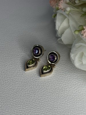 925 Sterling Silver Amethyst & Peridot Earrings Length 1 Inch