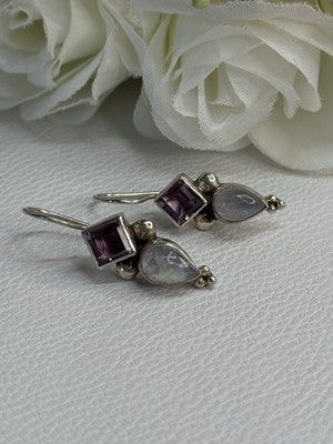 925 Sterling Silver Amethyst & Moonstone Earrings Length 1.30 Inch