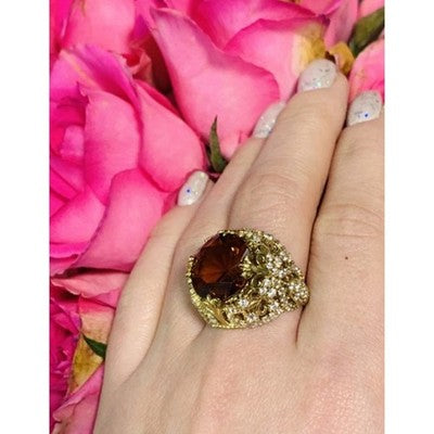 925 Sterling Silver Gold Plated Orange Alpanite & CZ Ring Size 10.25