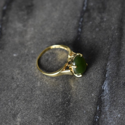 925 Sterling Silver Gold Plated Green Jade Ring Size 6.5