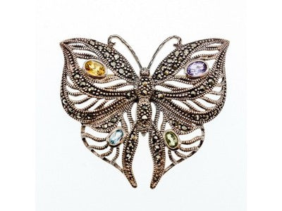 925 Sterling Silver Citrine, Topaz, Amethyst, Peridot & Marcasites Brooch