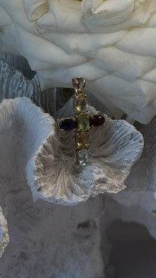 Multi Gemstone 925 Sterling Silver Gold Plated Cross Pendant