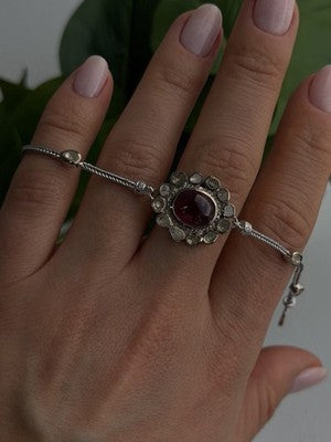 Antique Djoy 925 Sterling Silver Ruby & Beryl Flower Heart Bracelet 7