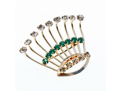 Vintage 925 Sterling Silver White & Green Jewelry Glass "Fan" Brooch