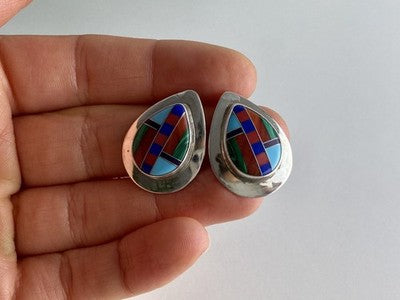 Vintage 925 Sterling Silver Agate Mosaic Stud Earrings