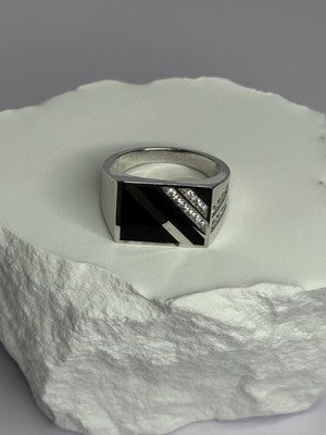 925 Sterling Silver Black Enamel & CZ Men'S Ring Size 11
